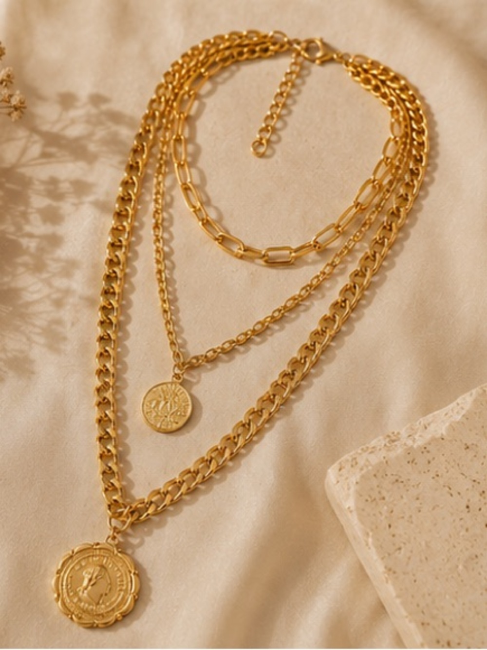 Vintage Roman Coin Layered Gold Chain Necklace